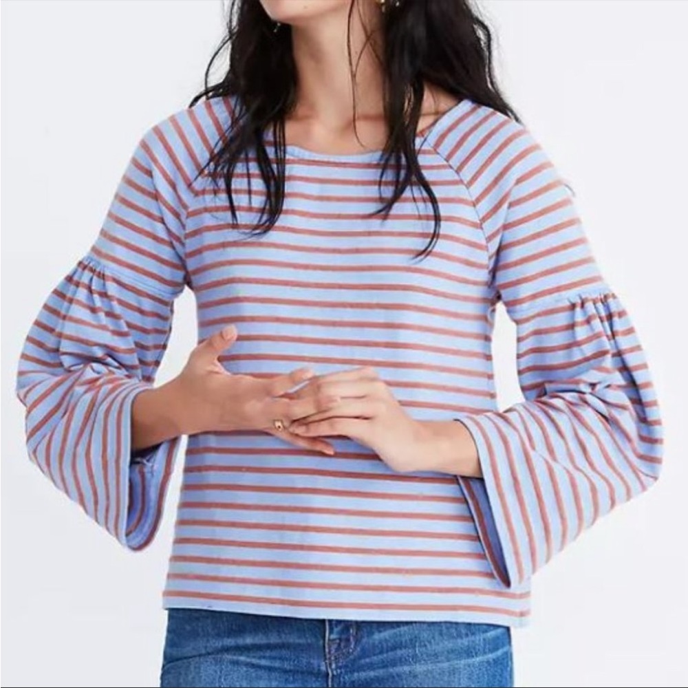 Madewell Shirred Sleeve Striped Sailor Top Bell Balloon Sleeves Blue Orange - XS